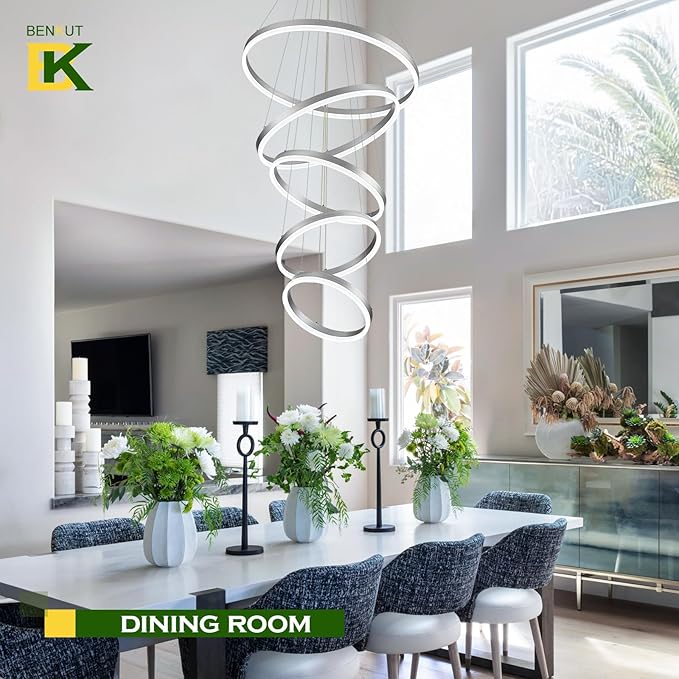 Benkut 5-Rings Modern LED Chandelier Silver High Ceiling Chandelier with Remote Control Dimmable Pendant Lighting for Dining Room Foyer Living Room Entryway Staircase(3000K-6500K, D23.6in)