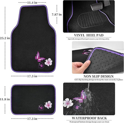 CAR PASS Universal Cloth Butterfly Car Seat Covers Full Set, Embroidered Flower Waterproof Car Floor Mats Carpet, Butterflies Steering Wheel Cover for Car Accessories Interior Sets (Black and Purple)