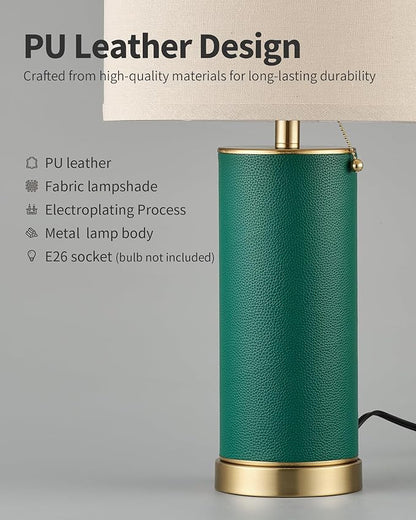 KDG 23.4" Green PU Leather Table Lamps for Living Room Set of 2, E26 Socket Modern Home Decor Fabric Lampshade Desk Lamp Lighitng for Bedroom, Bedside, Farmhouse, Nightstand, Night Light