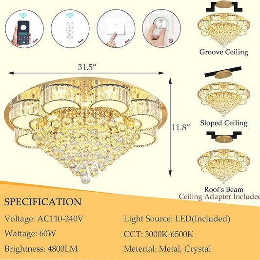 31.4" Gold Modern Crystal Chandeliers for Dining Room LED Dimmable Light Fixtures Flush Mount Light Living Room Bedrooms