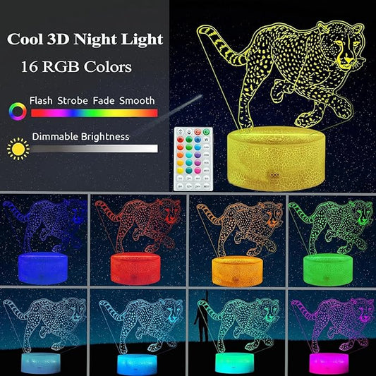 Cheetah Night Light, 3D Illusion Lamp with 16 Color Changing Modes, Remote Control Timer and Dimmable, Kids Boys Girls Room Decoration, Holiday Xmas Gifts