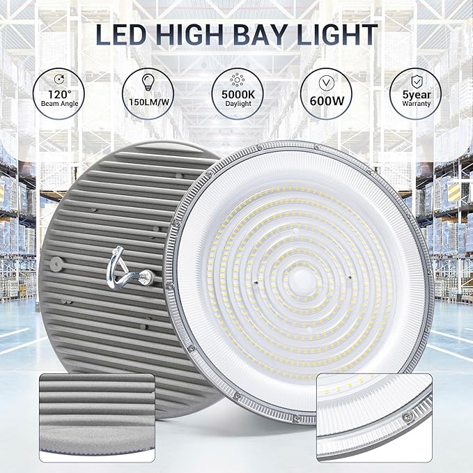 XYCN 2 Pack 600W UFO Led High Bay Light,120VAC,5000K Daylight Commercial Bay Lighting,IP66 Waterproof,85050LM,2550W MH/HPS with Plug Area Lighting for Warehouse/Shop/Workshop/Barn/Gym/Factory