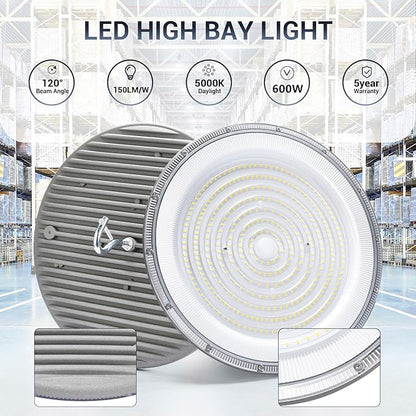 XYCN 2 Pack 600W UFO Led High Bay Light,120VAC,5000K Daylight Commercial Bay Lighting,IP66 Waterproof,85050LM,2550W MH/HPS with Plug Area Lighting for Warehouse/Shop/Workshop/Barn/Gym/Factory