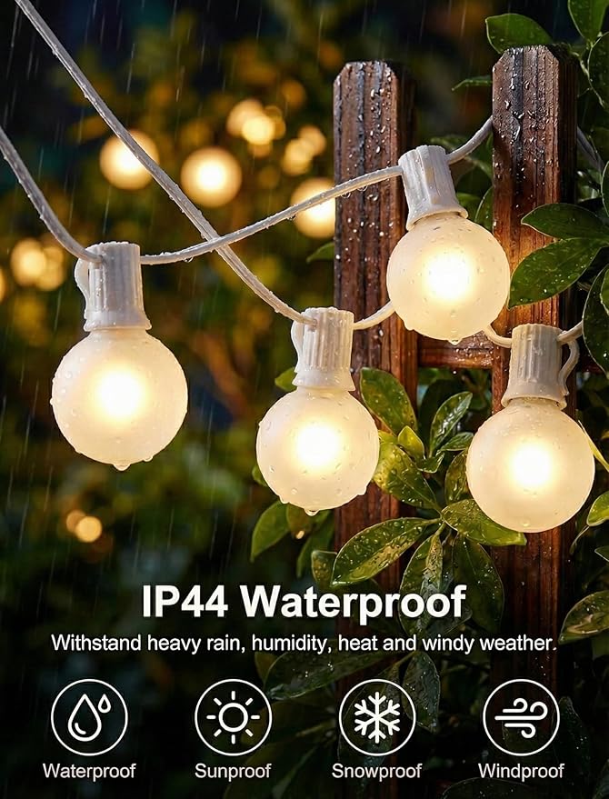 25Ft Outdoor White Frosted String Lights with 27 G40 Frosted Bulbs,E12 Socket base,Waterproof Connectable Hanging Lights for Backyard Wedding Porch Bistro Party Valentine's Day Decor,White Wire