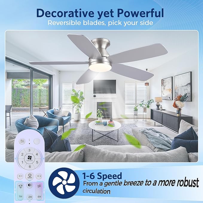 JSAITEE Flush Mount Low Profile Ceiling Fan, 48in Modern Ceiling Fan with Remote, 1/2/4 Timer, 5 Blades Reversible, 3CCT LED Dimming, Indoor Fan for Bedroom, Kitchen - Nickel
