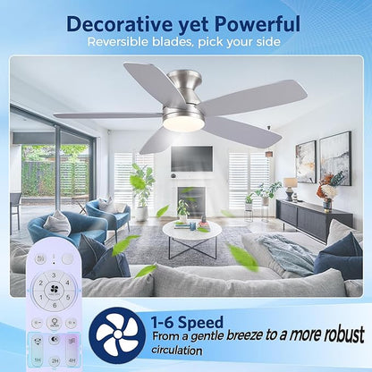 JSAITEE Flush Mount Low Profile Ceiling Fan, 48in Modern Ceiling Fan with Remote, 1/2/4 Timer, 5 Blades Reversible, 3CCT LED Dimming, Indoor Fan for Bedroom, Kitchen - Nickel