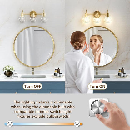 Gold Vanity Light, 3 Light Bathroom Light Fixtures, Modern Bathroom Vanity Lights Fixtures Over Mirror with Clear Globe Glass Shade, Gold Wall Sconces for Bathroom Hallway, E26 Base