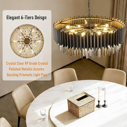 12-Light Large Crystal Chandeliers 30" Dining Room Light Fixture 6 Tiers Flush Mount Smoke Gray and Black Crystal Chandelier Round Pendant Light for Kitchen Living Room Entryway Foyer