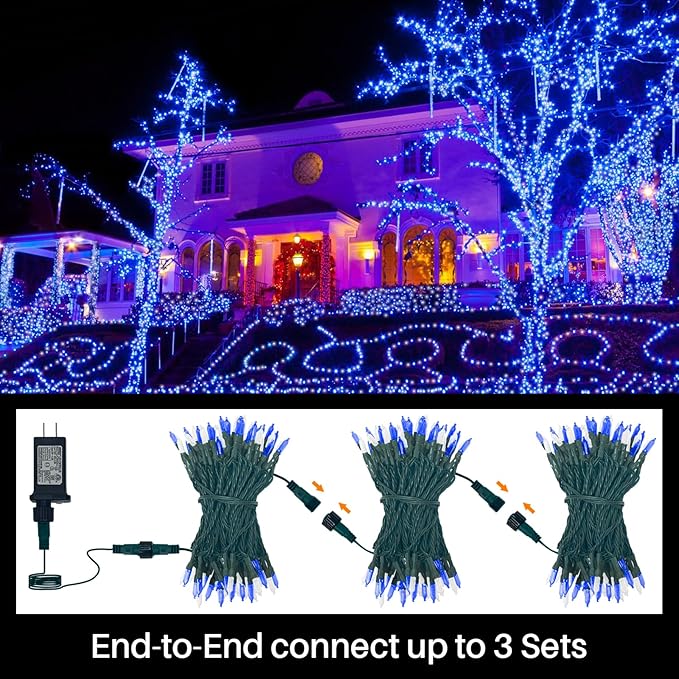 32.5FT 100 LED Blue White String light,16 Modes Plug in Blue LED Christmas MiniLights, Ocean party Fairy Lights, Waterproof Outdoor Christmas Lights for Xmas Tree Garland Wreath Bedroom Decor
