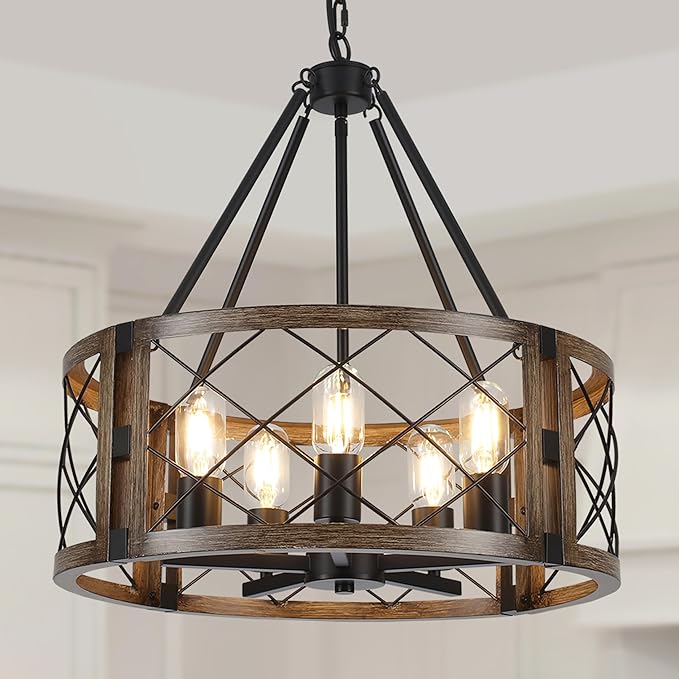 5-Light Farmhouse Chandelier 19.8" Black and Brown Rustic Chandelier for Dining Room Wood Texture Adjustable Pendant Light Fixture for Kitchen Island Entryway Bedroom Hallway
