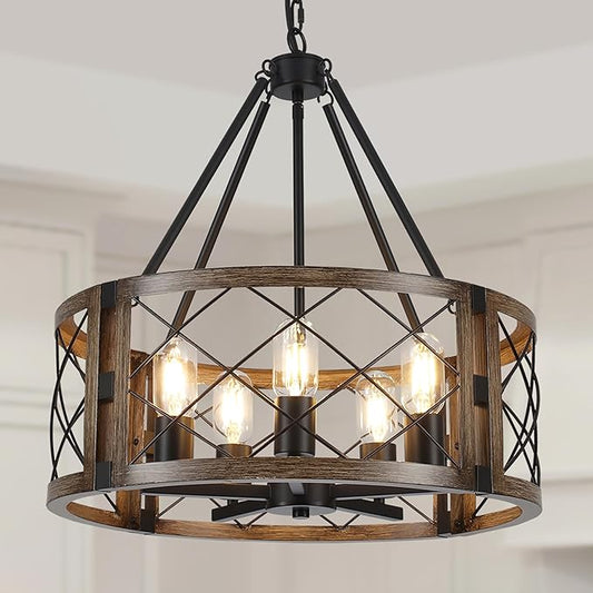 5-Light Farmhouse Chandelier 19.8" Black and Brown Rustic Chandelier for Dining Room Wood Texture Adjustable Pendant Light Fixture for Kitchen Island Entryway Bedroom Hallway