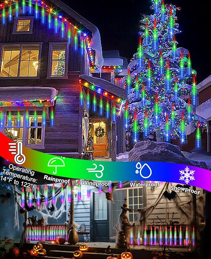 EAGWELL Christmas Meteor Shower Lights, 20 in 20 Tube Automatic Changing Cascading Rain Lights with 12 Modes, Waterproof Outdoor Xmas Decor for House, Yard, Wedding, Party