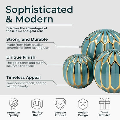 Sagebrook Home Set of 3 Blue Decorative Orbs – Stoneware & Ceramic Spheres for Home & Office Decor – Elegant Accent Pieces for Living Room, Bedroom, Coffee Table & Shelves
