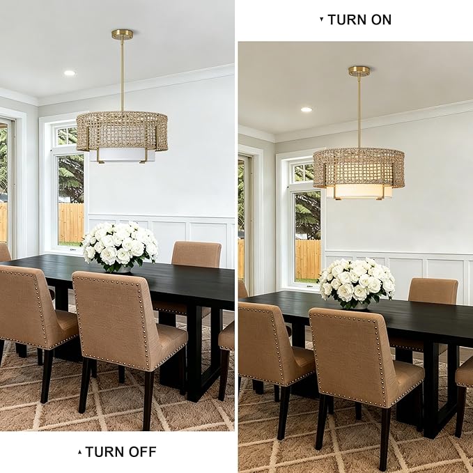 19.7" Rattan Chandelier for Dining Room, 4-Light Boho Hand Woven Pendant Light with Fabric Shade, Rustic Hanging Ceiling Light Fixture for Living Room, Kitchen Island, Bedroom, Hallway, Foyer