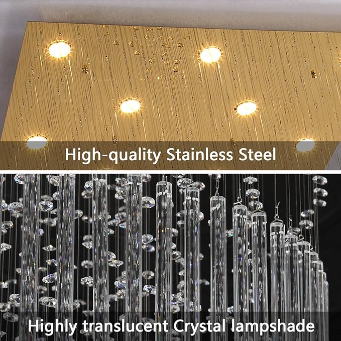 HAIXIANG W40 x H120 Glam Chandelier with LED Bulbs Square Chandeliers, Crystal Raindrop High Ceiling Pendant Light for Entrance Large Villa Foyer Lighting Fixtures Gold