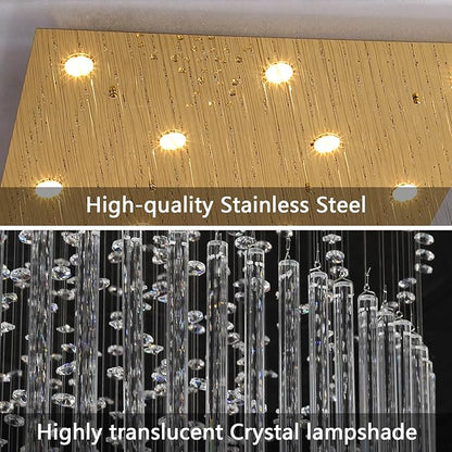 HAIXIANG W40 x H120 Glam Chandelier with LED Bulbs Square Chandeliers, Crystal Raindrop High Ceiling Pendant Light for Entrance Large Villa Foyer Lighting Fixtures Gold