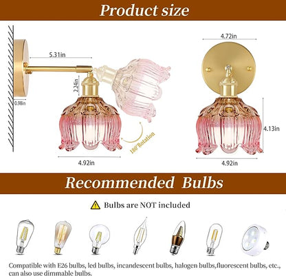 Vintage Battery Wall Sconce with Flower lampshade,Rechargeable Battery Powered Wall Lights,Wall lamp with 15 Colors for Bedroom Living Room Home Decor (Flower Pink, 2 Light Battery Operated)
