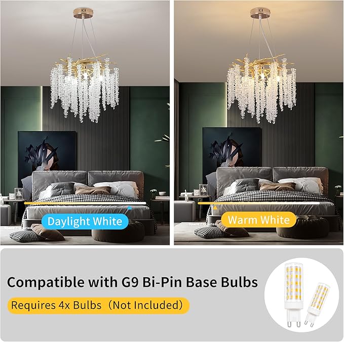 Tree Branches Chandeliers Luxury Round Raindrop Crystal Pendant Light Fixture 8 Light Tassel Ceiling Hanging Light for Dining Room Bedroom Living Room Entryway 15.8" Gold