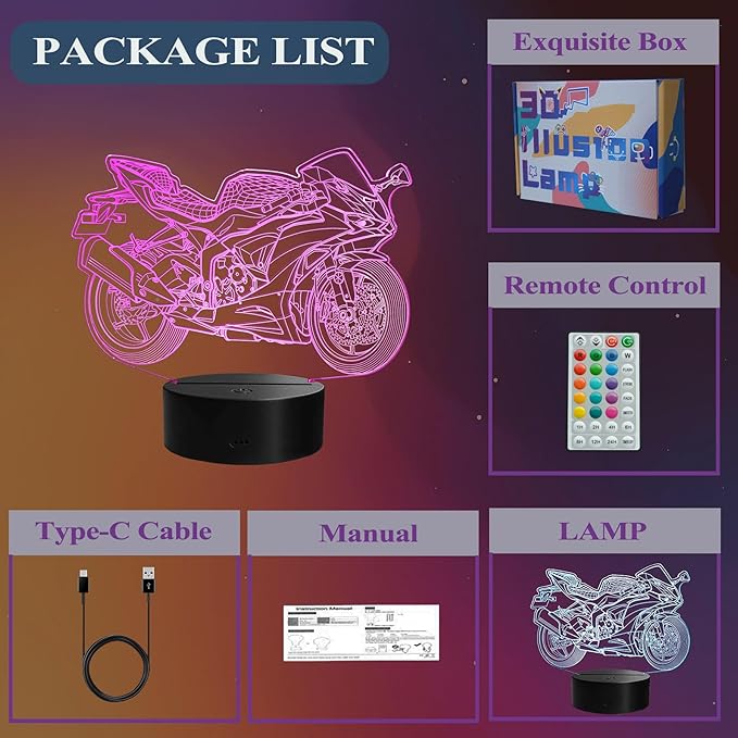 Motorcycle Night Light, Motorcycle Gifts, 3D Illusion Lamp with Remote Control, 16 RGB Colors, 4 Flashing Modes, Timer, Dimmable, Motorcycle Stuff for Decor for Holiday Birthday Christmas