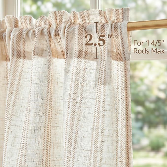 jinchan Linen Kitchen Curtains Striped Tier Curtains 36 Inch Farmhouse Small Drapes Balanced Stripe Half Window Light Filtering for Bathroom Laundry 2 Panels Tan on Linen