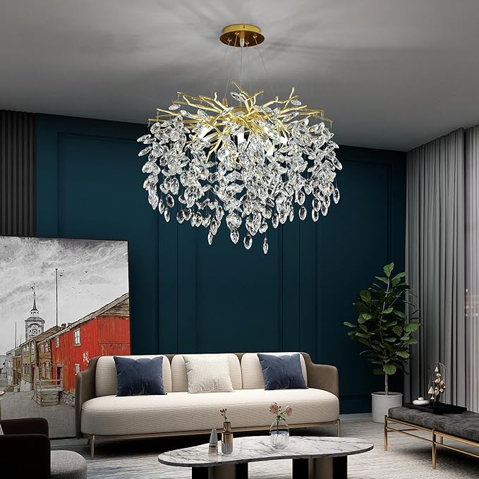 Gold Crystal Tree Branch Chandelier, Modern Round Art Deco Raindrop Lighting Fixture for Dining Room Bedroom Living Room 8 Lights D23.7''