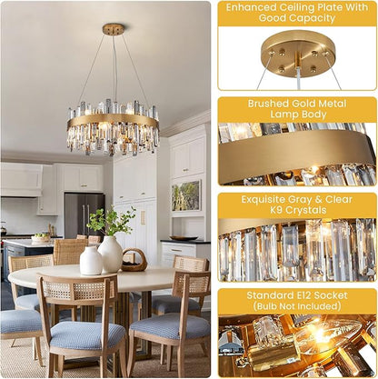Siljoy Modern Crystal Chandeliers, 12 Lights Brass Gold Raindrop Crystal Chandelier, Adjustable Dimmable Crystal Pendant Light Fixture for Dining Room Living Room Kitchen Island D23.6''