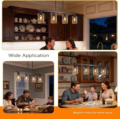 4-Light Kitchen Island Lighting, Black Simplicity Bar Island Lights for Kitchen, Farmhouse Chandelier with Adjustable Height & Seeded Glass Shades, Linear Hanging Dining Room Light Fixture Over Table
