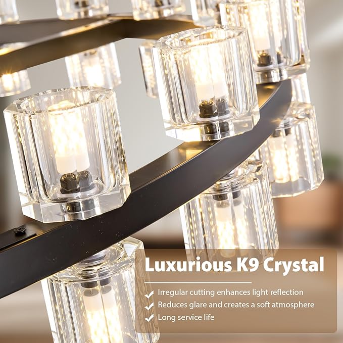 36-Light Large Black Chandeliers for High Ceilings, 36 Inch Crystal Wagon Wheel Chandelier, Farmhouse Industrial Round Chandelier Pendant Lighting Fixture for Dining Living Room Kitchen Island