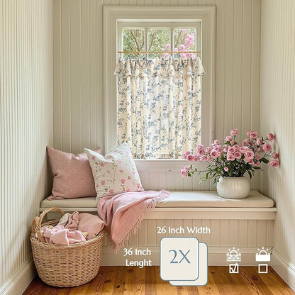 jinchan Floral Linen Kitchen Curtains with Attached Valance 36 Inch Length Farmhouse Cafe Tier Curtains for Living Room Bathroom Rustic Half Window Light Filtering Small Drapes 2 Panels Blue