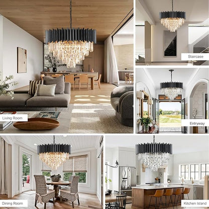 Black Crystal Chandelier 24'' K9 Crystal Round Pendant Lights Adjustable 5-Tier Large Modern Crystal Chandelier Light 10-Lights for Dining Room Living Room Kitchen Foyer Entryway