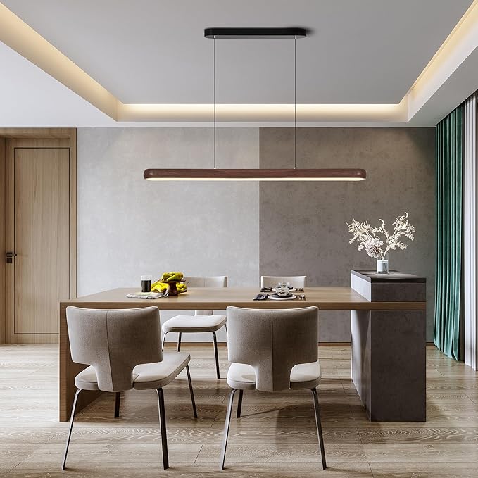 47" Wood Grain Pendant Lights Kitchen Island Lights LED Linear Hanging Light Modern Chandelier for Dining Room Table Dimmable with Remote Control & Memory Function Lighting Fixture