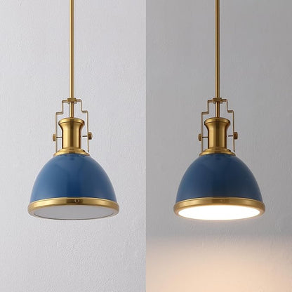 JONATHAN Y JYL9535G 10" Modern Industrial Dome Pendant Light, Farmhouse Hanging Light Fixture in Navy and Brass Gold, Adjustable Height Metal Lighting for Kitchen Island, Dining Room, Entryway