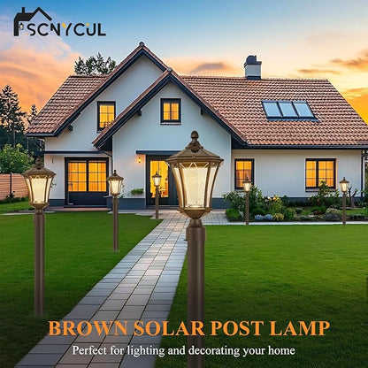 Dusk to Dawn Solar Outdoor Post Lights, Brown Outside Pillar Lights with Pier Mount Base, Waterproof Aluminum Solar Pole Lamps Head with Patterned Glass for Yard, Path, Garden