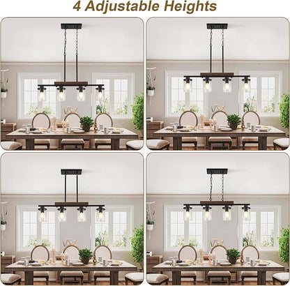 29.3'' Kitchen Island Light Fixtures, 4-Light Dining Room Light Fixture Chandelier Over Table, Black Modern Rustic Wood Ceiling Pendant Light Fixtures, with Clear Glass Shade, Farmhouse Chandelier