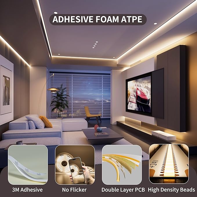 PAUTIX COB LED Strip Light 2520LEDs,Super Bright High Lumen 4000K Natural White 16.4ft,Dimmable 24V LED Tape Light with 3M Tape,RF Remote with Timer Function,36W Adapter,for Bedroom,Home,Kitchen DIY