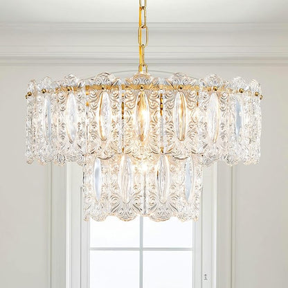 AGV LIGHTING Elegant Glass Chandelier Light Fixture, Modern Vintage Pendant Chandelier Lighting for Dining Room, D18 x H10, 2- Tier Shade & Brass Gold Finish