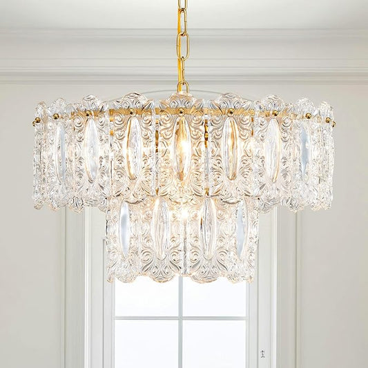 AGV LIGHTING Elegant Glass Chandelier Light Fixture, Modern Vintage Pendant Chandelier Lighting for Dining Room, D18 x H10, 2- Tier Shade & Brass Gold Finish
