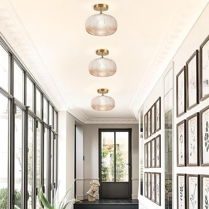 Semi Flush Mount Ceiling Light,Vintage Small Ceiling Light Fixture,Hallway Lighting Fixture with Amber Glass Shade,Art Deco Kitchen Lighting Fixtures Ceiling for Bedroom,Bathroom,Porch