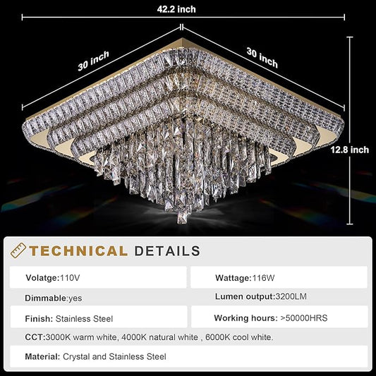 Miuyhji Elegant LED Gold Crystal Raindrop Ceiling Light,30 Inch Square Flush Mount Chandelier with Remote for Living Room Kitchen Island Bedroom Hallway Entryway Foyer (Dimmable)