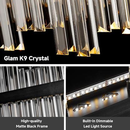 Modern Round Crystal Led Chandelier: 19.7" Black Luxury Chandeliers over Dining Table - Dimmable 3 Color Decorated Light Fixture - Elegant Drum Sparkly Chandelier for Living Room Bedroom with Remote