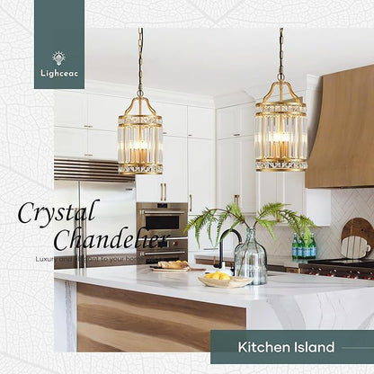Modern Gold Pendant Island Light Fixtures for Kitchen, Luxury Elegant Crystal Small 4-Light Chandeliers for Dining Room, Industrial Cage Hanging Ceiling Lighting for Bedroom Foyer Hallway