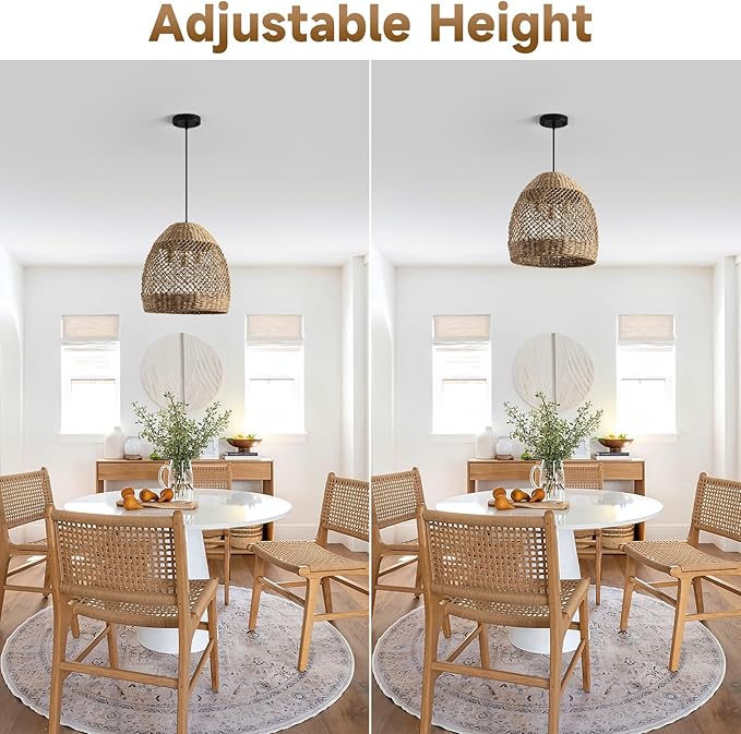 13.8" Farmhouse Woven Chandelier Rattan Wicker Lighting for Dining Room Boho Light Fixture Hanging 3-Lights Brown Pendant Light Kitchen Island for Restaurant Bedroom Breakfast Entryway Bar