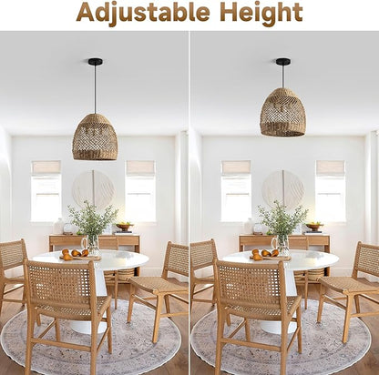 13.8" Farmhouse Woven Chandelier Rattan Wicker Lighting for Dining Room Boho Light Fixture Hanging 3-Lights Brown Pendant Light Kitchen Island for Restaurant Bedroom Breakfast Entryway Bar