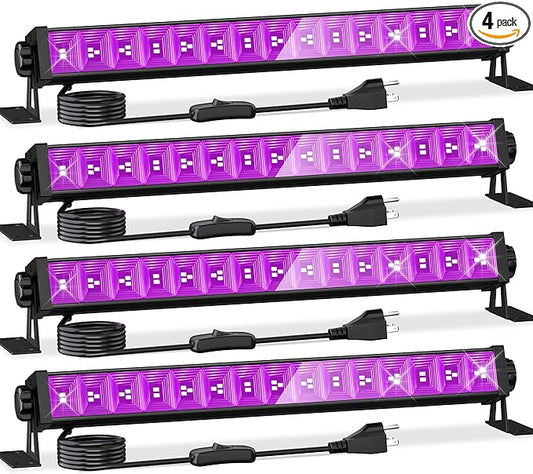 4 Pack LED 42W Black Lights, Blacklight Bars with Plug+Switch+6ft Cord, Light Up 24x24ftx4, Blacklight for Glow Party, Fluorescent Poster, Body Paint, Halloween Decorations, Bedroom, Stage