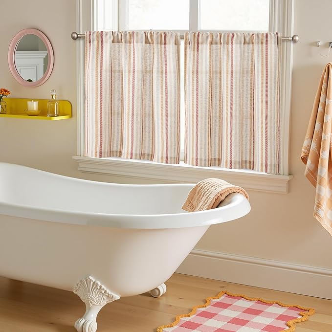 jinchan Colorful Striped Linen Kitchen Curtains 24 Inch Tier Curtains Farmhouse Modern Cafe Small Window Treatments Light Filtering Rod Pocket for Living Room Bathroom 2 Panels Multi Red