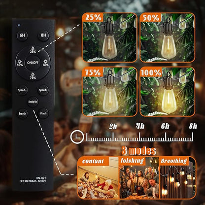 Outdoor Solar Waterproof Light String, 50FT Wire and 25+1 LED shatterproof Bulbs, dimmable Light Cannon with Remote Control, Suitable for Courtyard, Terrace, Balcony, Party Decoration Lighting