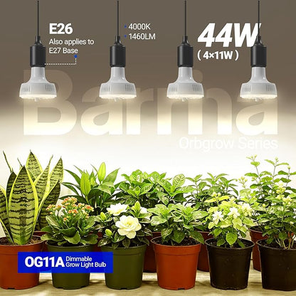 Barrina Orbgrow OG11A Grow Light Bulbs for Indoor Plants, Integrated Dimming & Timing, 4000K 44W(4 x 11W, 400 Watt Equiv), E26 Plant Light Bulb, Full Spectrum for Seeds and Greens, 4 Packs, White