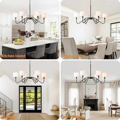 Modern Black 6-Light Chandelier, 39" Pendant Light with White Fabric Shade Adjustable Classic Chandelier Light Fixtures for Kitchen Island Dining & Living Room Entryway