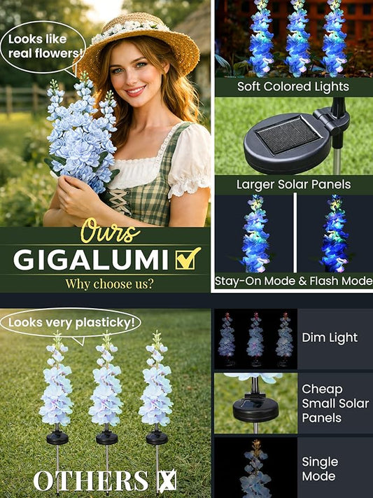 GIGALUMI Solar Lights Outdoor for Garden Decor, 3 Pack Solar Flower Lights Waterproof, 2 Lighting Modes Delphinium for Pathway,Yard, Patio Decoration, Gardening Gifts for Women (Blue)