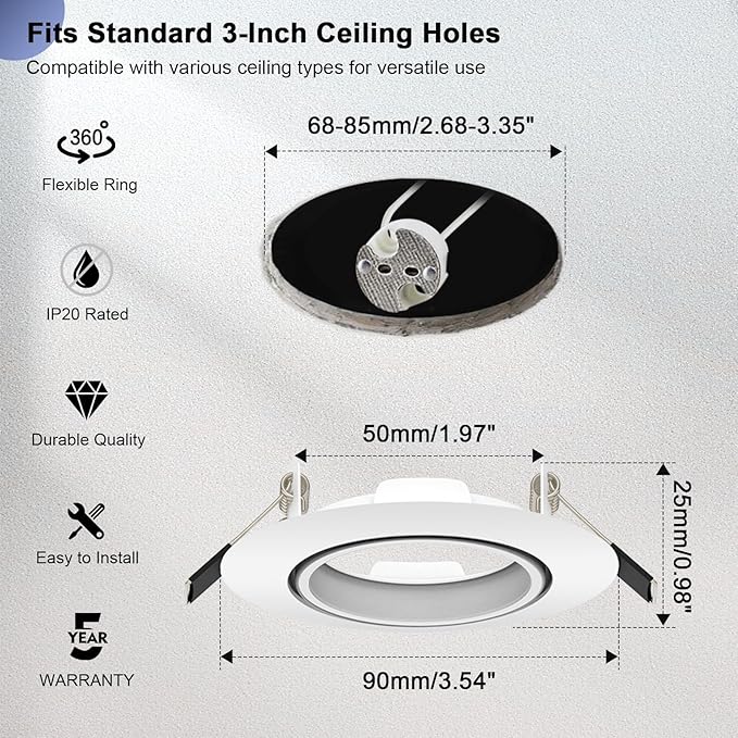 6 Pack Recessed Lighting Trims, MR16 GU10 GU5.3 Holders, 3 inch Recessed Light Socket, Adjustable Spotlight Frame Suitable for Ceiling Cabinet Kitchen, Matte White